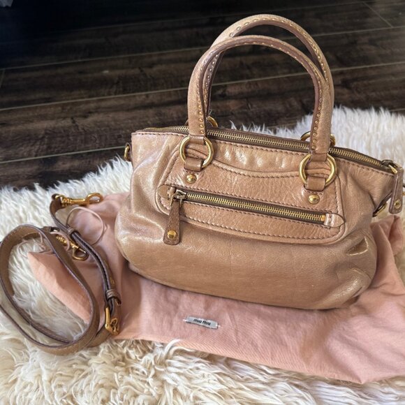 Vintage Miu Miu Distressed Leather Handbag with Swarovski Crystal Charm - Rare R - Picture 6 of 10